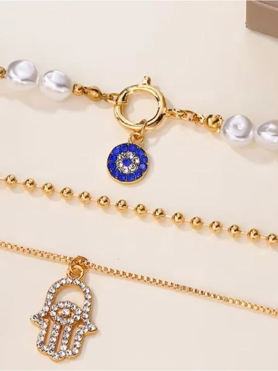 🤩3 pc Gold and Pearl Layered Hamsa Necklace with Blue Pave Charm - Picture 5 of 5